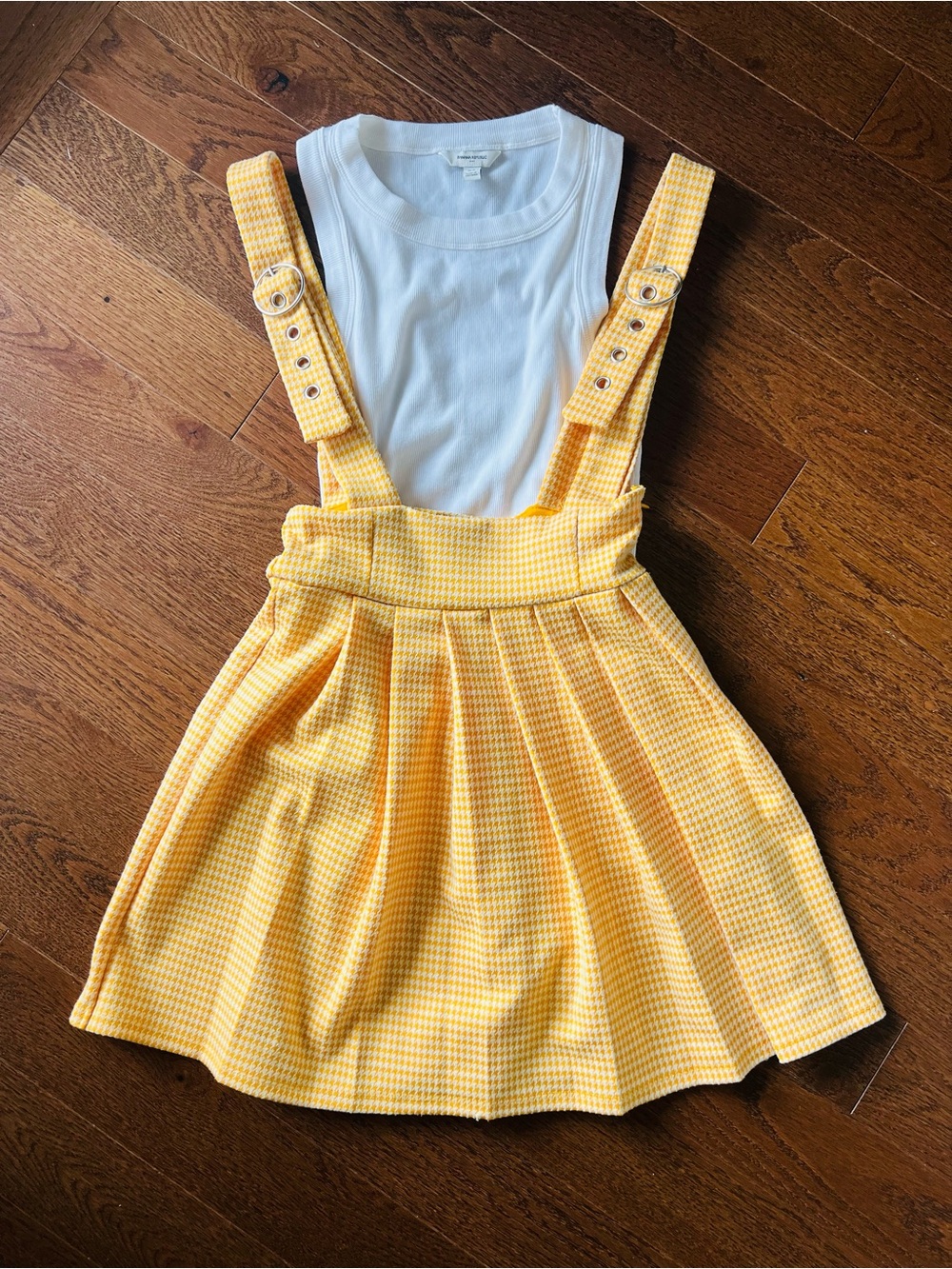 Womens Forever 21 Yellow Houndstooth Suspender Pleated Skirt + BR tank